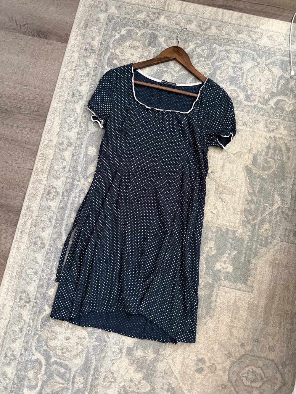 Brandy Melville Navy Polka Dot Short Sleeve Dress with White Trim